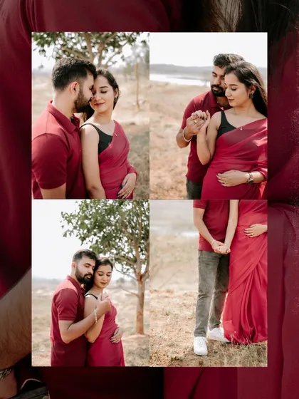 A four-panel collage showing the tender and intimate moments between a couple, all in a beautiful red-themed wardrobe.