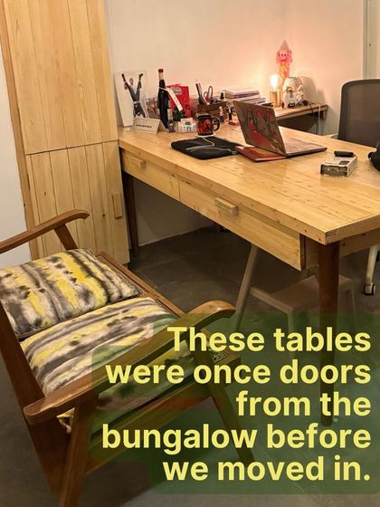 Every piece of furniture here has a story. These tables were once doors from the original bungalow before we moved in. We believe in giving old things a new, beautiful life.