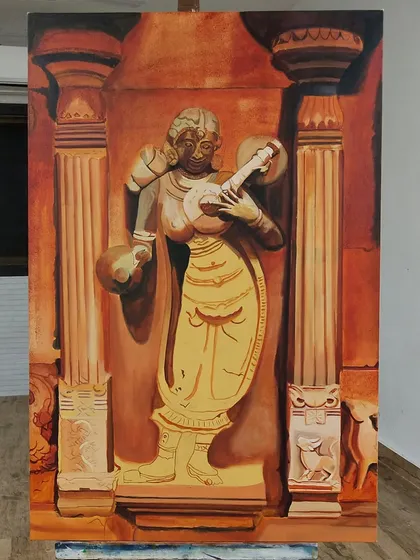 A work-in-progress shot of my painting "Melodic Muse". This is the underpainting stage, where I establish the form and shadows of the statue before adding layers of color.