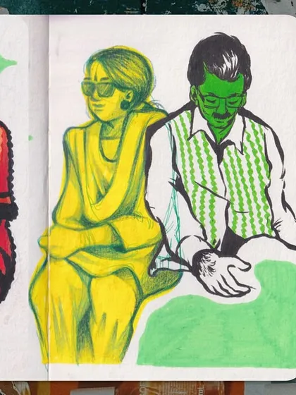 A colorful spread using markers to capture people I observed. I love experimenting with limited and bold color palettes.