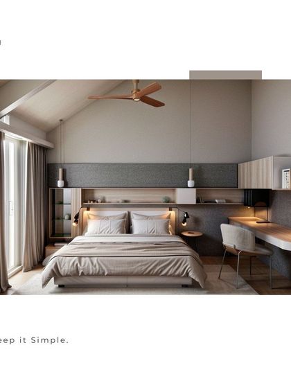 This bedroom showcases a simple, functional design with a built-in headboard that extends into a desk and shelving unit. The vaulted ceiling and light wood tones create an airy and spacious feel, perfect for a modern home.