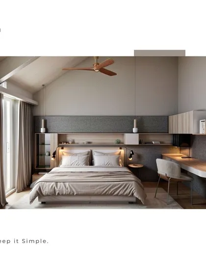 This bedroom showcases a simple, functional design with a built-in headboard that extends into a desk and shelving unit. The vaulted ceiling and light wood tones create an airy and spacious feel, perfect for a modern home.