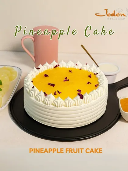 A slice of sunshine in every bite. Our Pineapple Fruit Cake is beautifully decorated with piped cream and a bright pineapple topping, making it a delightful and refreshing treat.