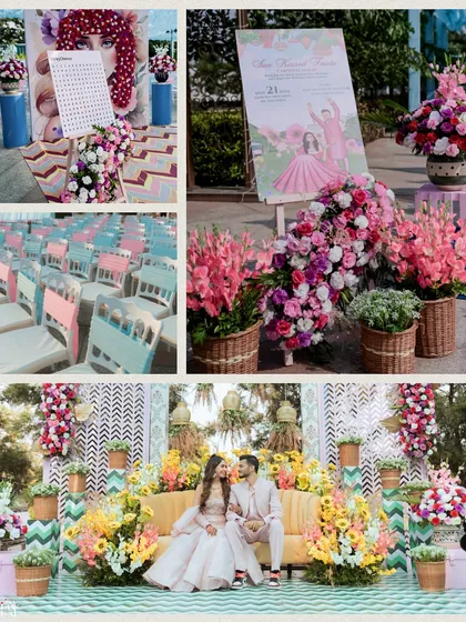 A collage showcasing the personalized and colorful decor of the Haldi carnival.