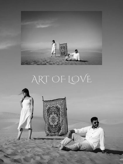 A stylish black and white version of the "magic carpet" scene, titled "Art of Love," giving it a timeless, editorial feel.