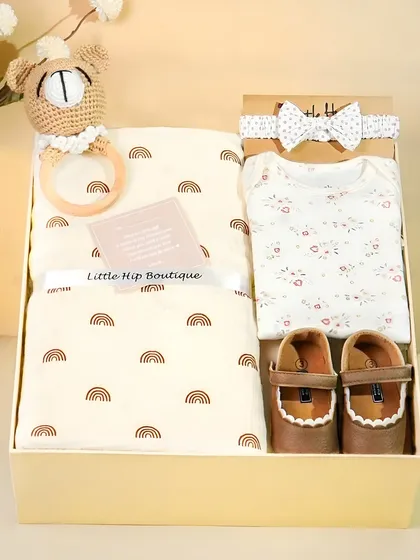 A rainbow-themed baby hamper with a onesie, shoes, and blanket. The clean, in-box presentation is ideal for e-commerce product pages.