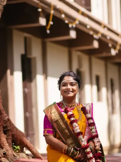 A portrait of the bride in her traditional Maharashtrian wedding saree, standing in a classic architectural setting that complements her timeless look.