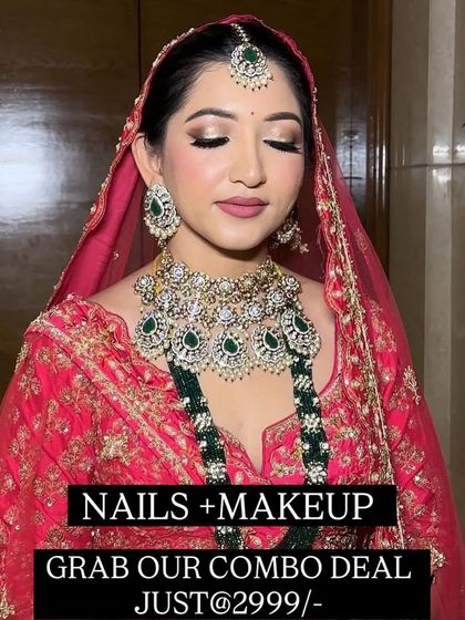 A beautiful bridal look in a pink lehenga, featuring soft glam makeup with a matte pink lip. I also offer makeup and nail combo deals for a complete bridal package.