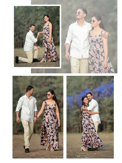 This pre-wedding collage captures a couple's story with a mix of walking shots, a proposal moment, and fun with colour smoke.
