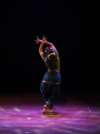 Dancing on the brass plate during the Tarangam segment of 'Ananta'. The patterned light on the stage floor adds another layer of texture to the performance, like dancing on rippling water.