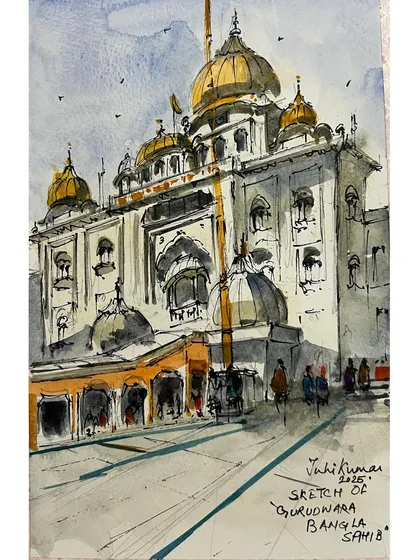 I feel so much peace whenever I sketch at Gurudwara Shree Bangla Sahib. This is one of my favorite spots in Delhi to capture with my sketchbook. This ink and watercolor piece was done on-site with the Urban Sketchers Delhi group.