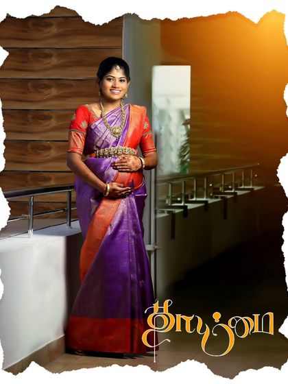 We also offer creative edits and graphic overlays. This portrait of a mom-to-be in a gorgeous purple and red saree includes elegant Tamil calligraphy for "Thaimai" (Motherhood).