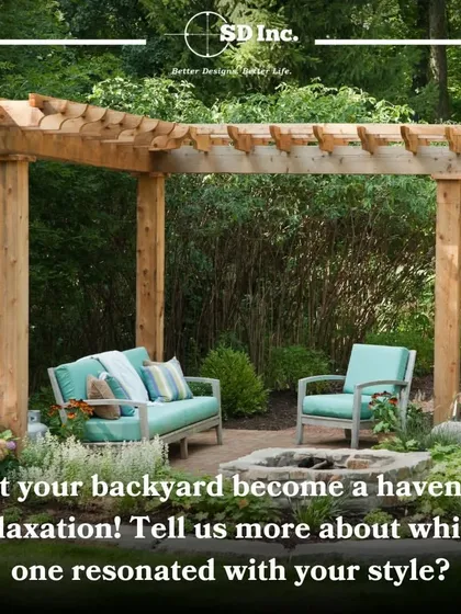 A beautiful backyard with a wooden pergola creating a shaded seating area. This image is part of our inspirational ideas for creating your own haven of relaxation.