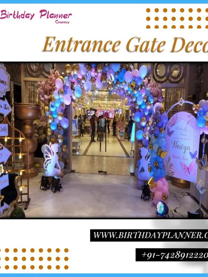 We design and construct elaborate entrances that immerse guests in the event's theme from the moment they arrive. This butterfly-themed entrance features a custom balloon arch, lighted signage, and decorative cutouts, perfect for a whimsical company milestone celebration.