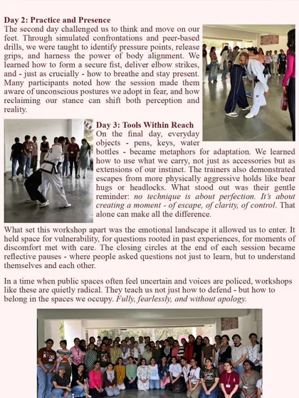 The second and third days of our workshop focus on advanced drills and using everyday objects for defense, as detailed in this newsletter feature. The final group photo shows the incredible energy and participation from the students.