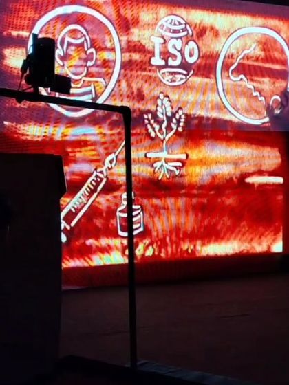 The story of Bliss pharma's growth and impact, shown on the big screen. I use simple, powerful icons to represent key milestones like ISO certification and product development.