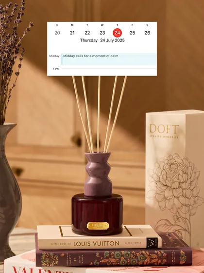 Midday calls for a moment of calm. My ceramic reed diffuser, shown here in a deep purple, is perfect for providing a constant, gentle aroma that helps you reset and relax during a busy day. It's both a decor piece and a wellness tool.