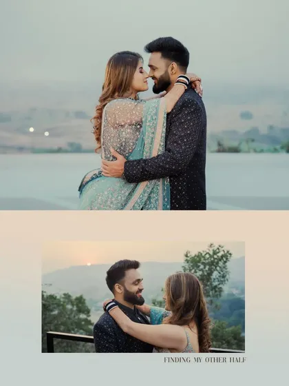 A collage of romantic portraits from the couple's engagement, capturing their love against a beautiful natural landscape.