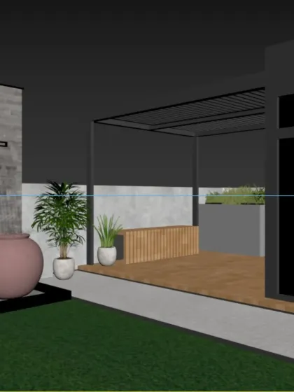 A 3D view of the Dwarka Mod project, showing the planned layout with a pergola, seating deck, and planters.