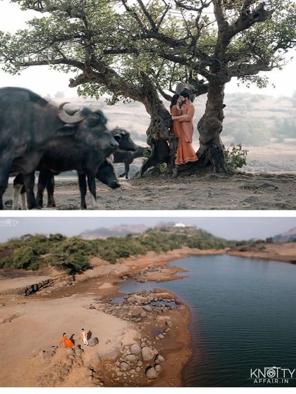 This diptych showcases the unique and epic scale of the Lonavala pre-wedding shoot. The top frame includes some unexpected guests (water buffalo!), while the bottom drone shot captures the couple in the vast, beautiful landscape.
