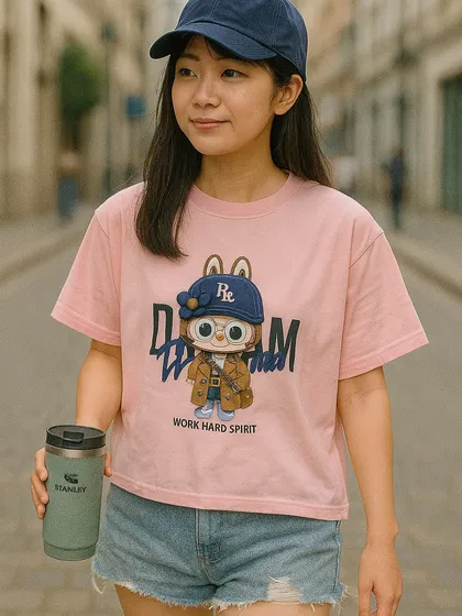 Show off your 'WORK HARD SPIRIT' with this vibrant pink graphic tee. The detailed Labubu character design and 'DREAM' text make this a fun and motivational piece of character apparel.