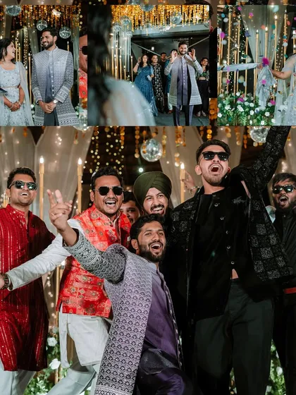 A collage showing the fun of the Sangeet, with the couple on stage and the groom's energetic dance with his friends.
