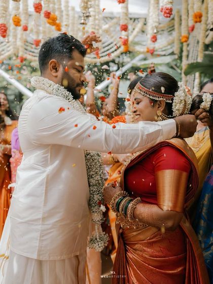I have had the honor of hosting many beautiful South Indian weddings. The lush greenery and traditional decor elements, like floral arrangements and brass lamps, create an authentic and sacred atmosphere for the ceremony.