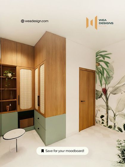 This corner showcases smart storage with a two-tone wardrobe in wood and sage green, featuring cane-fronted doors that add texture and lightness.