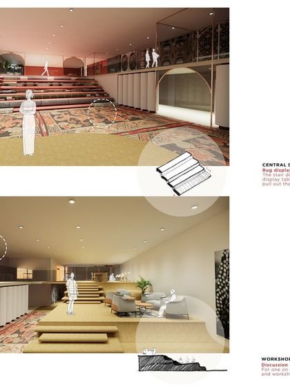 Sectional ideas for the Jaipur Rugs store, where wide, auditorium-like steps double as display areas. The design subverts the typical retail layout to create a more engaging and memorable spatial journey.