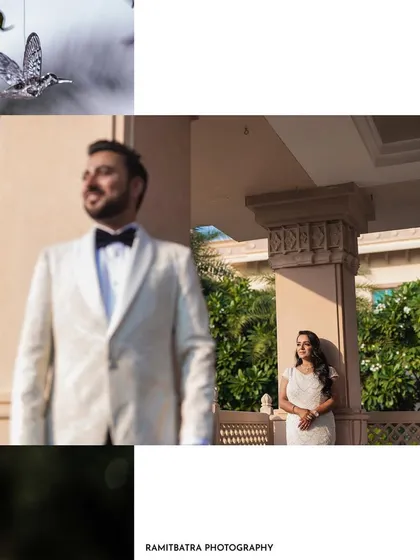 A creative collage with the groom in his white tuxedo, framed by decorative elements of the beautiful venue.
