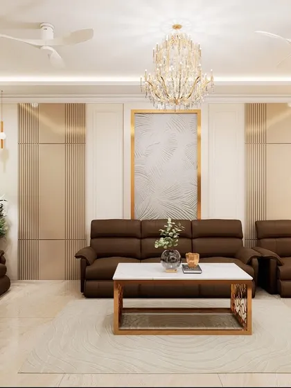 This is a 3D render I created for a client in Hyderabad, showing a complete living room concept. The design focuses on a warm, inviting atmosphere with elegant lighting, a statement chandelier, and a balanced layout for the sofa set.