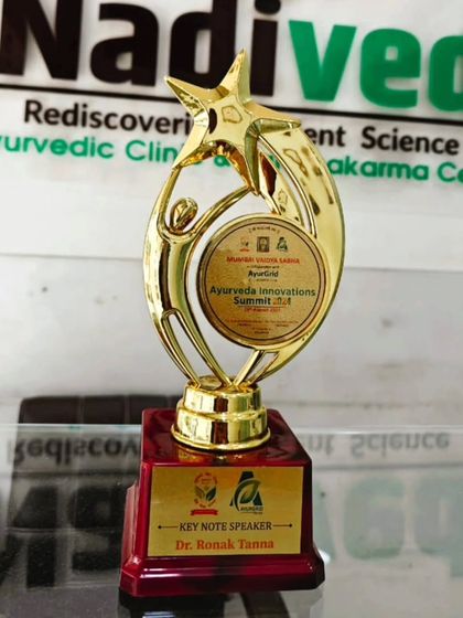 This trophy was for my role as a keynote speaker at the Ayurveda Innovations Summit 2024. It is a symbol of my dedication to both practicing and advancing the science of Ayurveda.