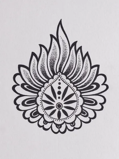 This flame-like motif was my fourth drawing for the Inktober challenge. I used a combination of solid lines and stippling to give the "flame" a textured, glowing effect.