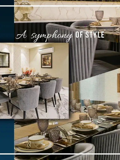 A symphony of style is created in this dining area. The collage highlights the details, from the ribbed velvet chairs and reflective table surface to the carefully set dinnerware.