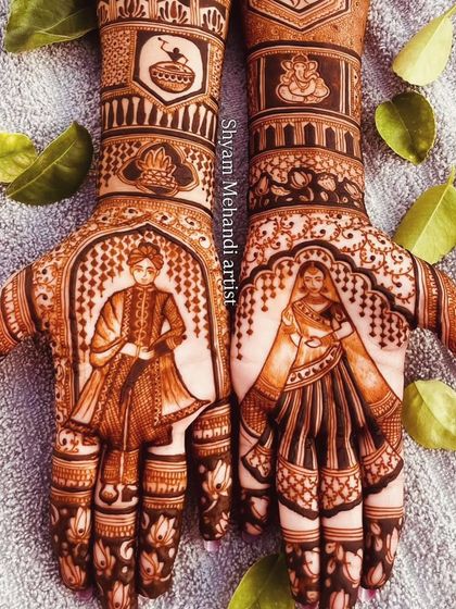 A beautiful portrait of a bride and groom, framed by an arch and surrounded by fine details on the palm and fingers.