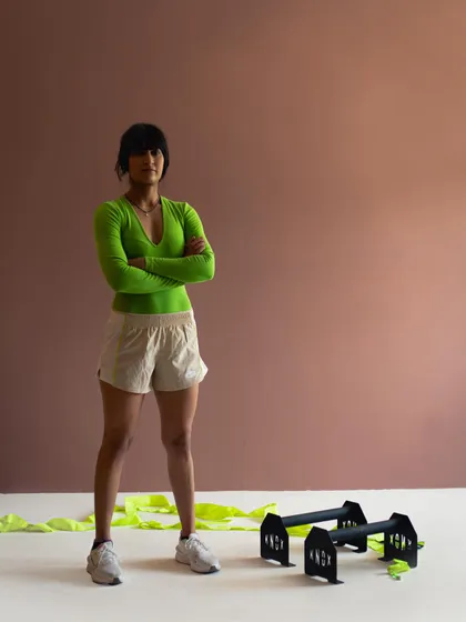 A powerful stance showcasing the athlete and the equipment. This type of shot is great for brand campaigns focused on performance.