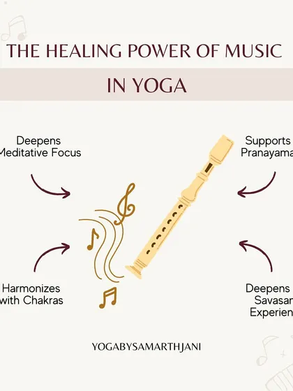 An infographic on the healing power of music in yoga. Music can deepen focus, support pranayama, and enhance the Savasana experience.