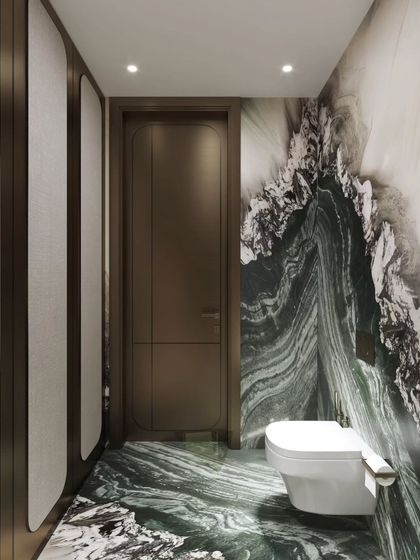 These renders explore a dramatic powder room, showcasing the continuation of the bold, artistic marble from the floor up the wall. The different angles reveal the curved wood paneling and the unique freestanding sink.