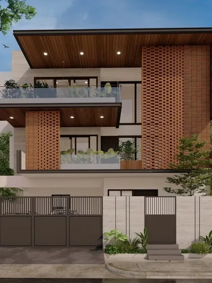 Our proposed design for the Ashok Residence features an intricate brick jali pattern. This element provides privacy and ventilation while creating beautiful light and shadow play, demonstrating how traditional materials can be used in a contemporary architectural form.