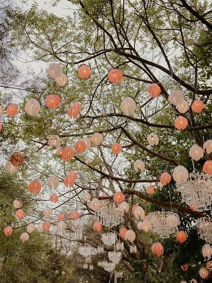 The trees at the Lagan Lakhwanu ceremony were adorned with hanging paper lanterns and mini chandeliers, creating a magical, twinkling canopy for the evening.