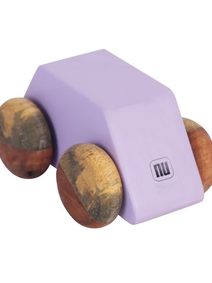 A three-quarter view of a purple wooden toy car, showing the brand logo.