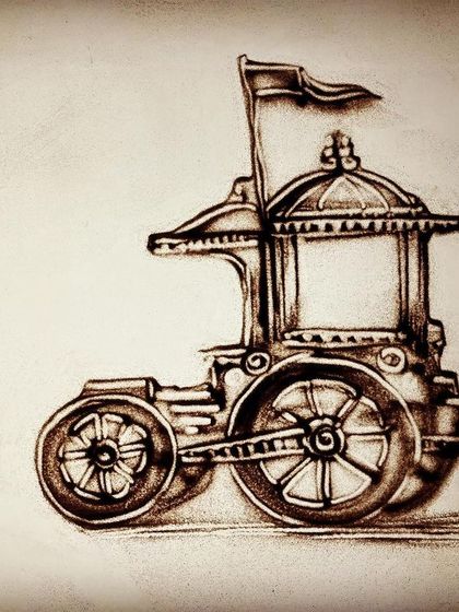 A detailed sand drawing of a vintage carriage. This piece shows my ability to create intricate mechanical details and historical objects using only sand.