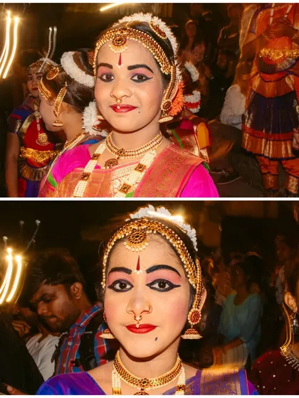 A collage of portraits of classical dancers in full costume and makeup from the Banganga Maha Aarti. This image captures the cultural richness and festive spirit of a special event in the city.