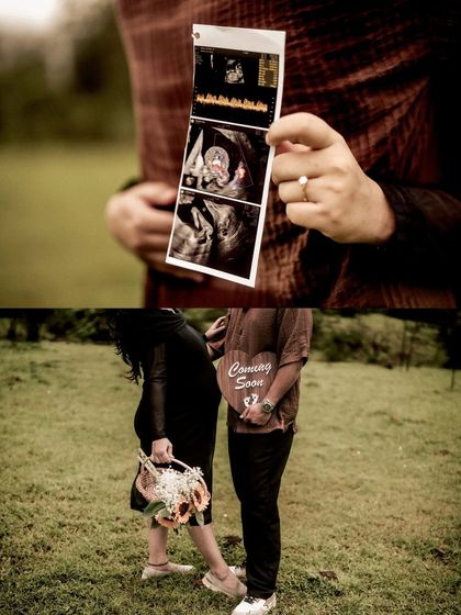 A collage that pairs a close-up of the sonogram with a wider shot of the couple, showing both the detail and the bigger picture of their story.