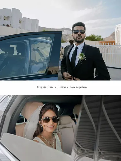 A stylish shot of the bride and groom arriving at their wedding in a car.
