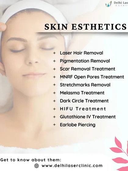 A detailed list of the skin aesthetic services we offer. This includes treatments for pigmentation, scars, open pores, stretch marks, and melasma, as well as procedures like HIFU and Glutathione IV therapy.