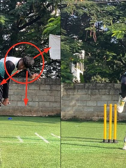 Look at the head and shoulder position. By fixing the body collapse, we enabled this off-spinner to maintain a stable head and achieve a much stronger, more effective release point.