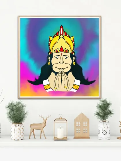 This framed digital art of Lord Hanuman uses a lighter, pastel-toned background. It's perfect for creating a calm and serene atmosphere in your home.