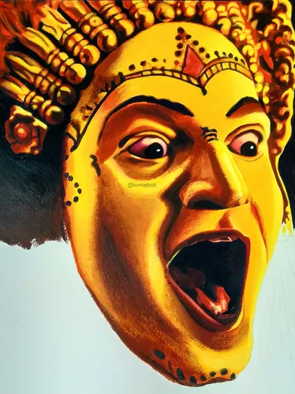 The final stages of the 'Kantara' portrait before adding the fiery background. The face is complete, and I've started to add the dark background to make the subject pop.