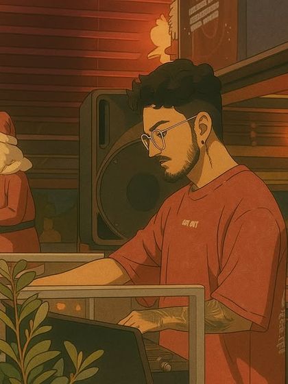 A cozy, festive vibe in this anime piece, showing me DJing during a Christmas-themed event. I'm ready to set the mood for any celebration.